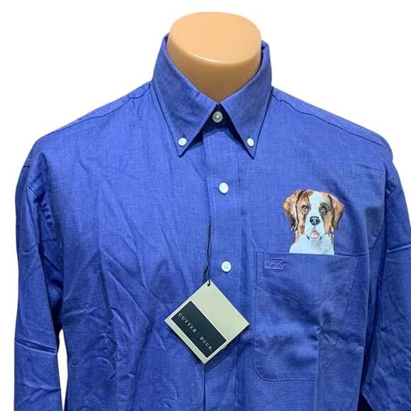New Hand Printed Upcycled Medium St Bernard Puppy Dog Mens Button Down Shirt - Picture 1 of 5